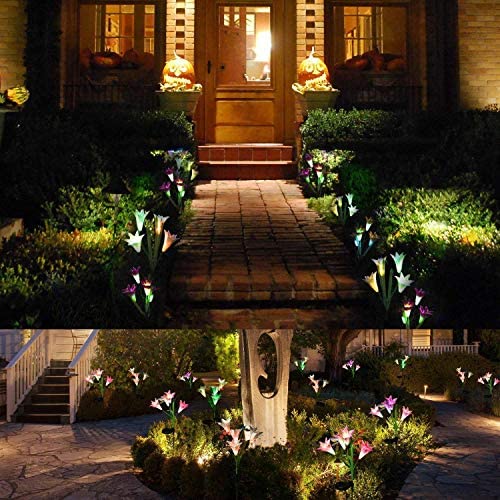 Outdoor Solar Garden Stake Lights, 3 Pack Solar Powered Flower Lights with 12 Lily Flower, Multi-Color Changing LED Solar Landscape Decorative Lights for Garden, Patio, Backyard Solar Flower Lights