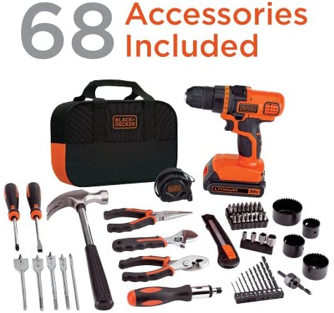 BLACK+DECKER 20V MAX Drill & Home Tool Kit, 68 Piece (LDX120PK),Black/Orange